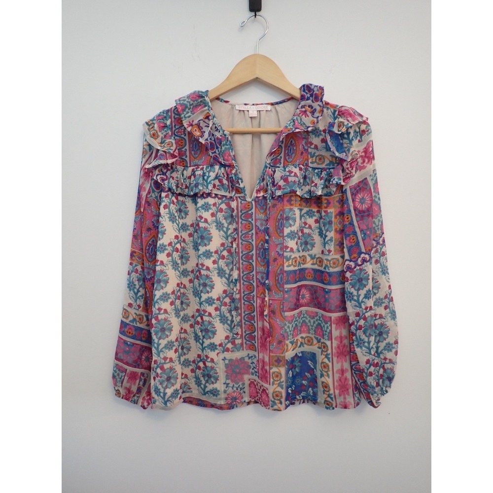 Stella & Ginger Boho Ruffle Blouse Pink Blue Floral Paisley Patchwork Top Sz S